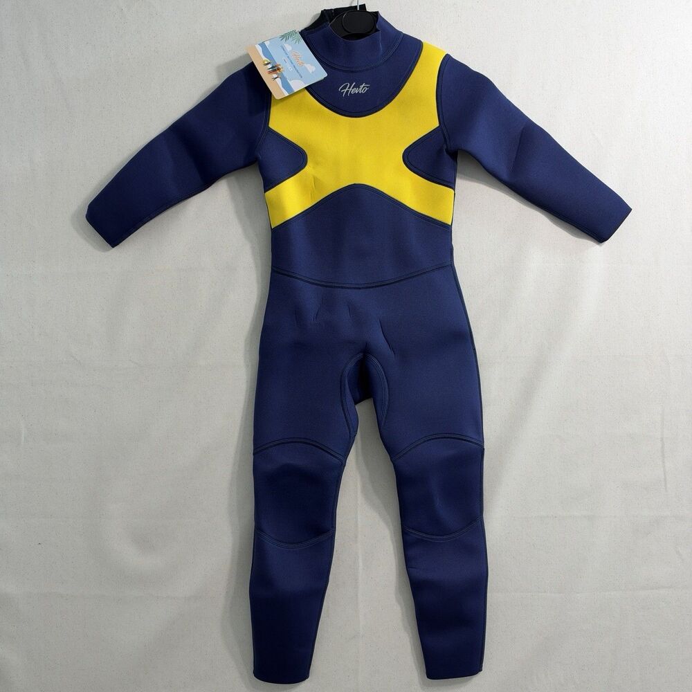 Hevto Kids Wetsuit Size 6 Navy Blue Yellow Full Body Long Sleeve Neoprene NWT